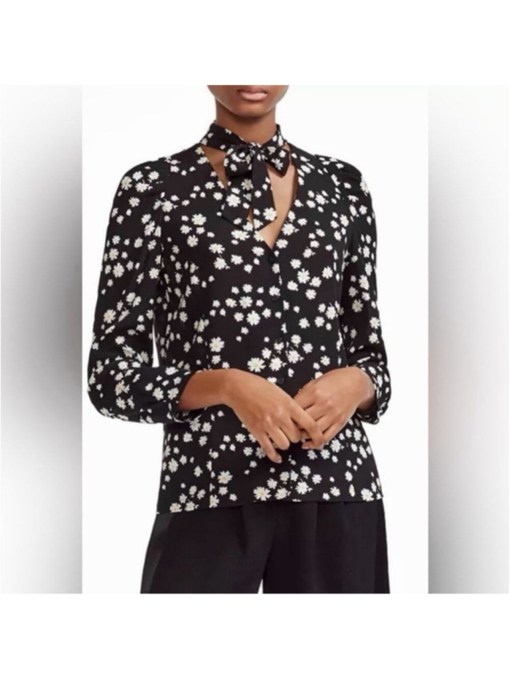 Maje Cosini Floral Tie Neck Blouse Daisy Print Long Sleeve Button Up 3/ US L